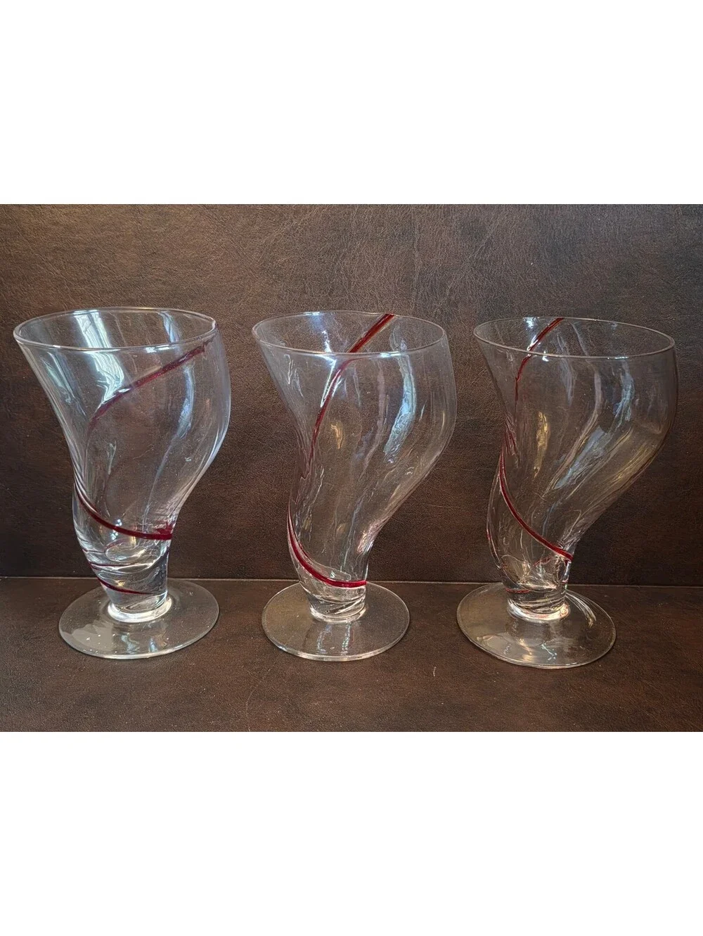 Set of 3 PIER 1 Swirline Red Curved Milkshake or Cocktail Glasses 6.5”  16 oz